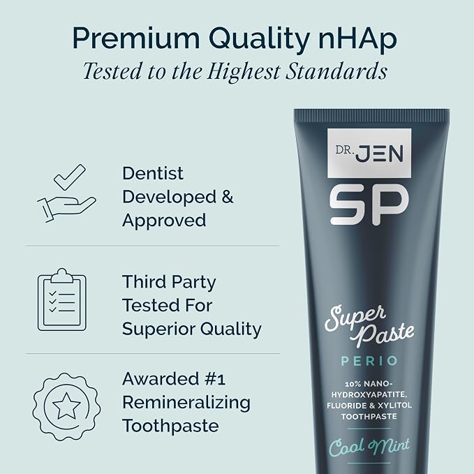 Dr. Jen Super Paste Perio Toothpaste, 10% Premium Nano Hydroxyapatite | Fluoride, Xylitol, SLS Free, Low Abrasivity, Aloe and Calendula, 1 Pack, Cool Mint