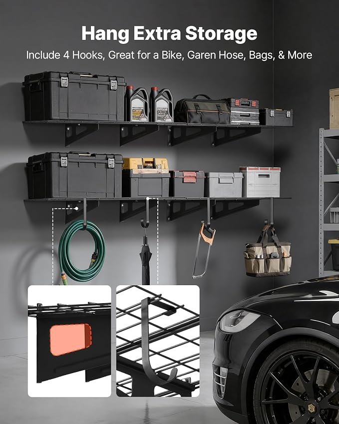 VEVOR 2-Pack Heavy Duty Garage Wall Shelving, 2 x 6 ft Steel Wall Mounted Shelving Unit with Hooks, 24 x 72 Inch Per Shelf Floating Storage Metal Rack, 1000 lbs Total Weight Capacity