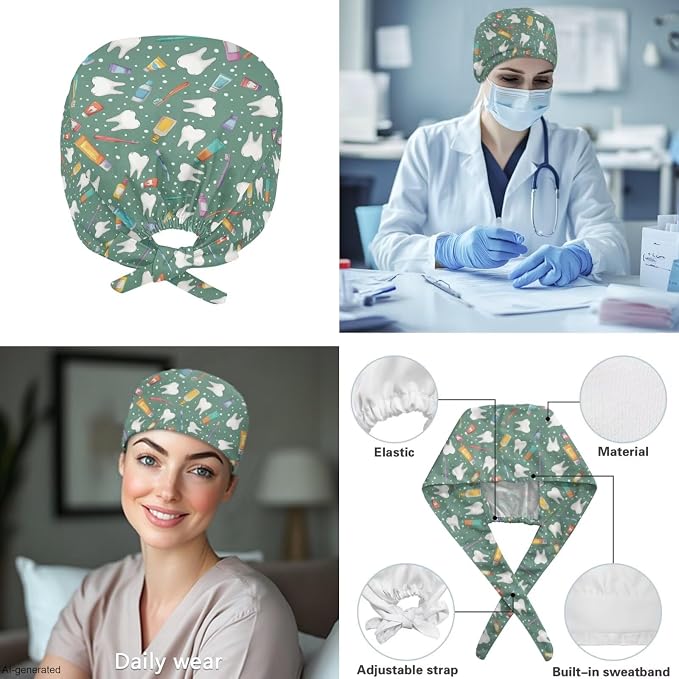Gomyblomy Women's Scrubs Suit 3-Piece Set | Teeth Print V-Neck Top & Pants & Cap, Breathable and Stretch Fabric, S-5XL