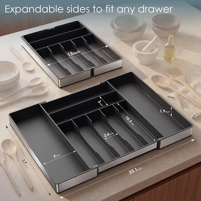 Extra Large Silverware Organizer, 9 Slot Expandable Kitchen Drawer Organizer, Utensil Holder, Heavy Duty Stainless Steel Frame Silverware Drawer Organizer, 8 Non-Slip Feet Included, BPA Free, Black