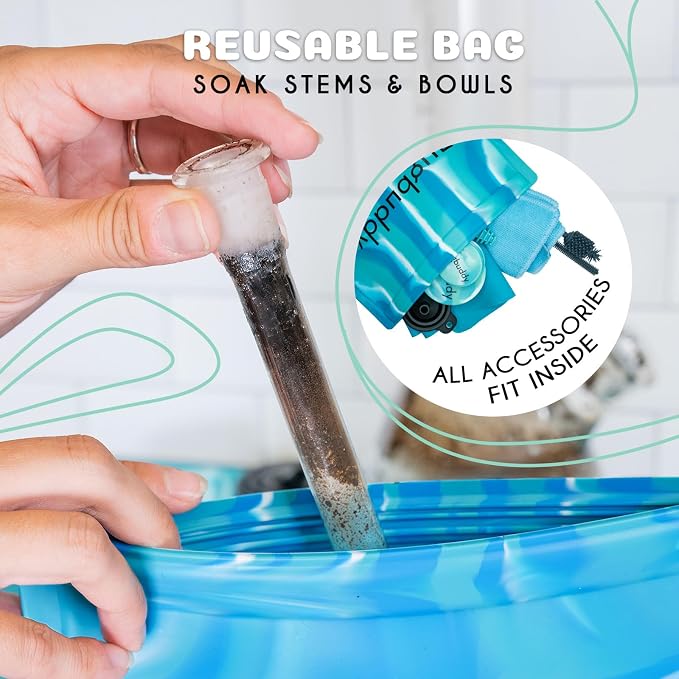 nugbuddy Glass Cleaning Kit - Reusable Silicone Accessories - Complete Kit to Clean your Piece, Just Add Cleaner - Reusable Soaker Bag, Brushes, Mat, Caps & Plugs, Funnel, & Microfiber Towel