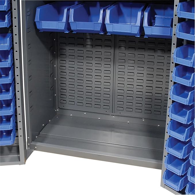 Global Industrial Deep Door Bin Cabinet, Includes 132 Blue Plastic Bins | Padlockable Steel Cabinet, 38"W x 24"D x 72"H, For Tool and Parts Storage, Assembly Required