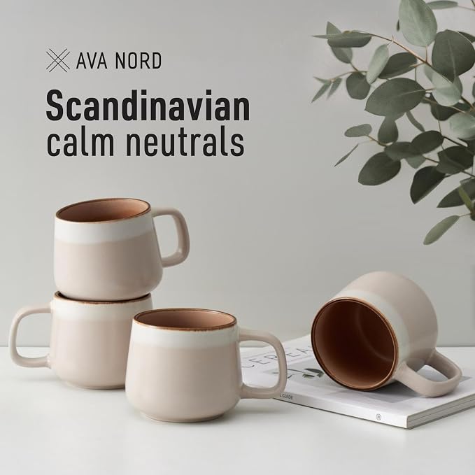 Ava Nord Large Stoneware Ceramic Coffee Mugs Set of 4-16 oz - Rose Sand | Lead-Free, Non-Toxic, Freezer - Microwave & Dishwasher Safe, Comfortable Handle, Aesthetic Nordic Design for Tea, Cappuccino