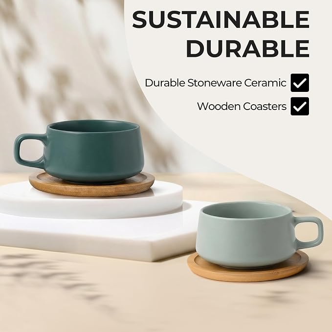 MIAMIO - Cappuccino Cup Set of 4, Ceramic Mugs (9.5 oz) - Luxe (Evergreen) | Ceramic cappuccino cups with saucers, wide latte cups and mugs for Americano, 4-piece set of ceramic cups - dishwasher safe