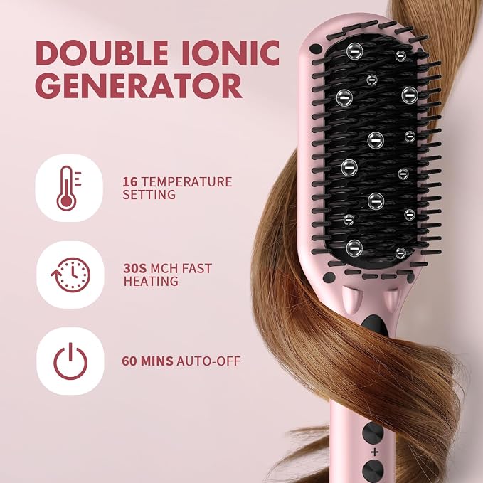 Enhanced Hair Straightener Heat Brush by MiroPure, 2-in-1 Ceramic Ionic Straightening Brush, Hot Comb with Anti-Scald Feature, Auto Temperature Lock & Auto-Off Function (Pink) 4 Piece Set