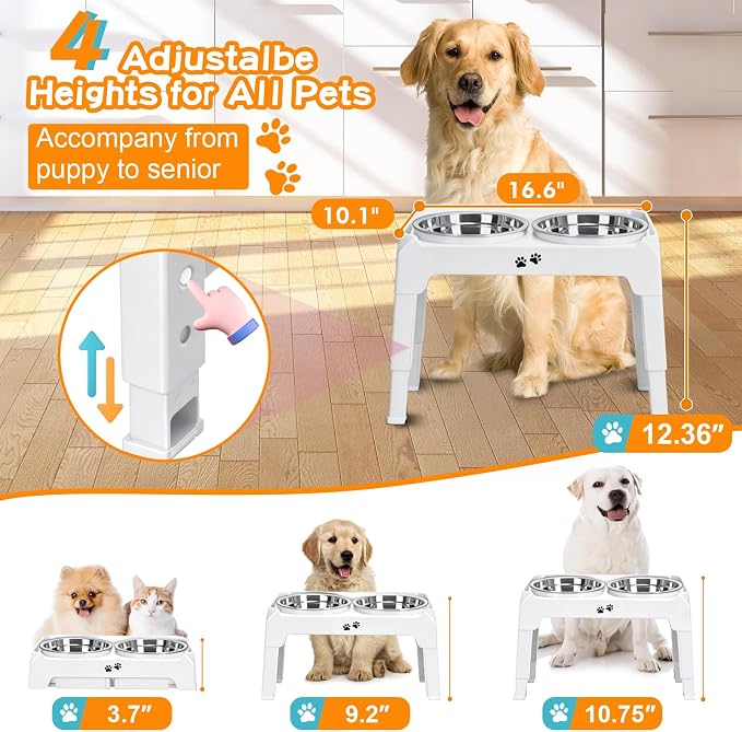 COMESOON Elevated Dog Bowls, 4 Height Adjustable Raised Bowl Stand with 2 Thick 50oz Stainless Steel Food Bowls Non-Slip Feeder Adjusts to 3.7'', 9.2'', 10.75'', 12.36'' White