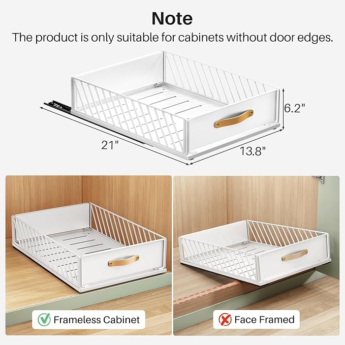 Pull out Cabinet Organizer,Heavy Duty Slide out Pantry Shelves Drawer Storage with Adhesive Nano Film,Sliding Mesh Cabinet Basket with Handle for Kitchen, Bathroom, Home, 13.8"W X 21"D X 6.2"H,White