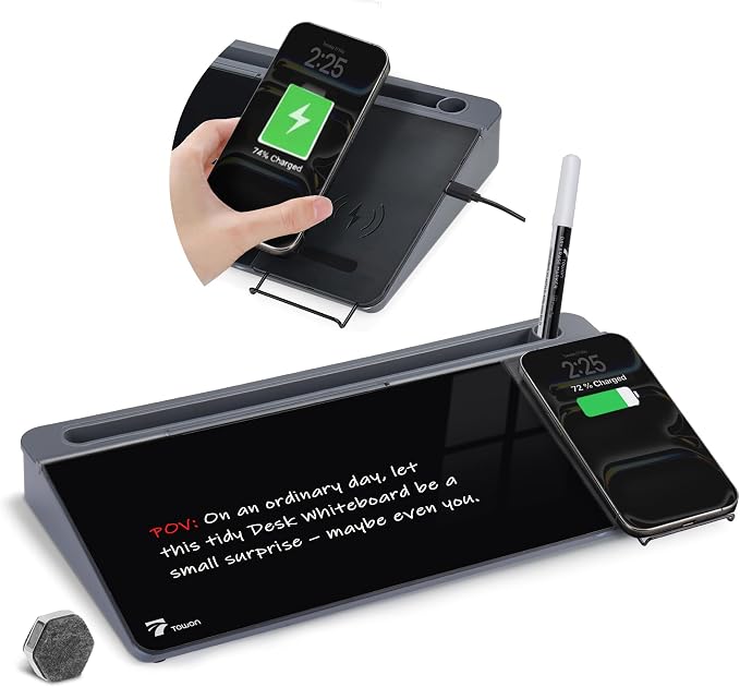TOWON Glass Desk Whiteboard with Wireless Charger, Desktop Dry Erase Board with Storage & Phone Stand – Compact ~16 x 7 in, Black – Includes Marker & Eraser, Tempered Glass, Rewrite Reusable