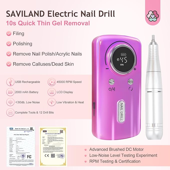 SAVILAND Professional Nail Drill Kit: 45000RPM Portable Nail File Machine for Remove Acrylic Gel Nail Rechargeable 2000 mAh Electric Nail File for Nail Salon Manicure Pedicure at Home
