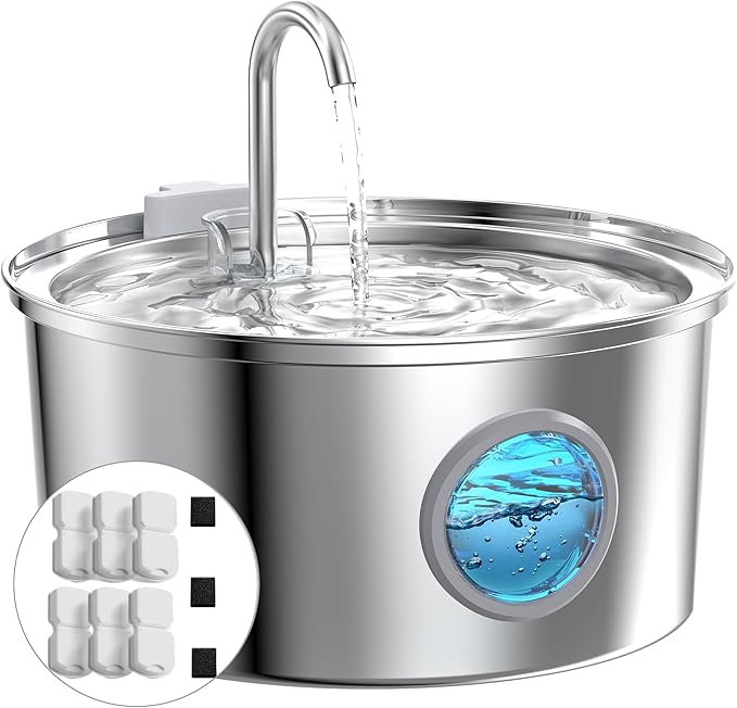 Cat Fountains for Drinking Stainless Steel: 108oz/3.2L Cat Water Fountain with 6 Filters + 3 Sponges - Running Pet Water Fountain Filtered - GIOTOHUN Faucet Like Pet Water Fountains for Cats Indoor