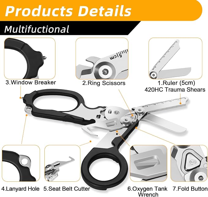 Lenporl Foldable Trauma Shears with Compatible Holster, Emergency Shears with Strap Cutter and Glass Breaker for Outdoor Camping Emergency Scissors Tools Black