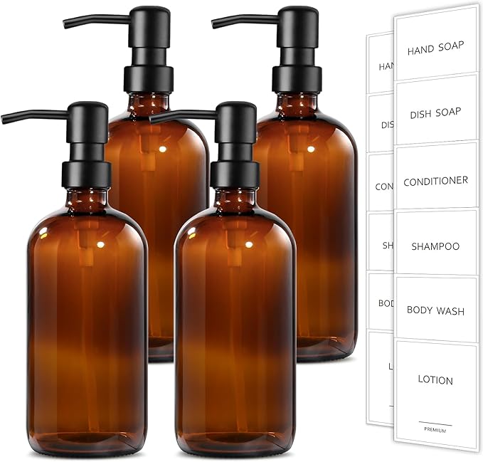 GMISUN Amber Glass Soap Dispenser, 4 Pack Bathroom Hand Soap Dispensers with Stainless Steel Pump, 17 Fl Oz Kitchen Hand and Dish Soap Dispenser Set, Modern Vintage Liquid Brown Soap Dispensers Bottle