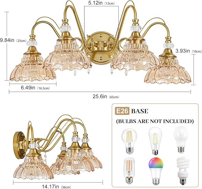 Vintage Bathroom Vanity Light, 4-Light Brushed Gold Finish Wall Sconce with Hanging Crystal Accents and Flower-Shaped Amber Glass Shades, Retro Wall Mount Vanity Light Over Mirror for Bathroom