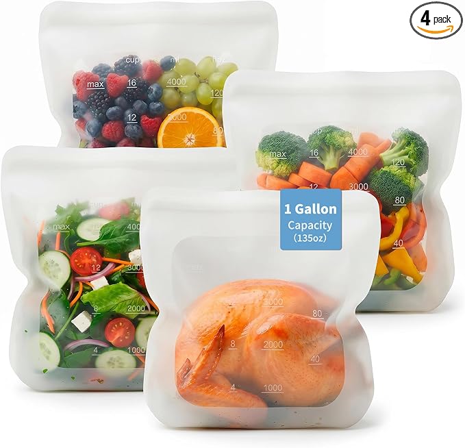Reusable Premium Silicone Food Storage Gallon Bag 135oz,XXL - 4 PCS Food Storage Bag,Freezer Container,Sous Vide,Kitchen Organization,And Meal Prep Bags Microwave,Dishwasher,Oven Safe, BPA Free