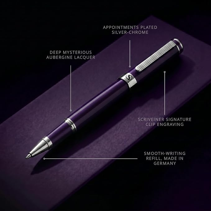 Scriveiner Aubergine Rollerball Pen - Stunning Luxury Pen With Chrome Finish, Schmidt Ink Refill, Best Roller Ball Gift Set for Men & Women, Professional, Executive Office, Nice Pens
