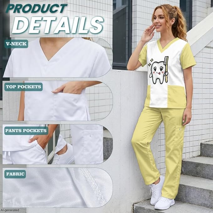 Gomyblomy Women's Scrubs Suit 3-Piece Set | Teeth Print V-Neck Top & Pants & Cap, Breathable and Stretch Fabric, S-5XL