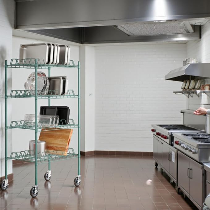 PRO&Family 24" x 48" Mobile Green Epoxy 4-Tier Commercial Drying Rack with Casters – Heavy Duty Wire Shelving for Dish Drying, Kitchen Storage & Food Service Use (3" Slots)