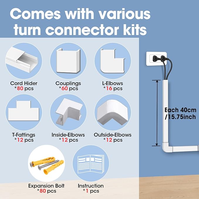 1260in Cord Hider Kit, Cord Covers for Wires on Wall, Paintable Cable Raceway, Cord Hider for Wall Mount tv, tv Cable Hider Wall kit, Wire Covers for Cords, 80X L15.75 X W0.96in X H0.57in, White