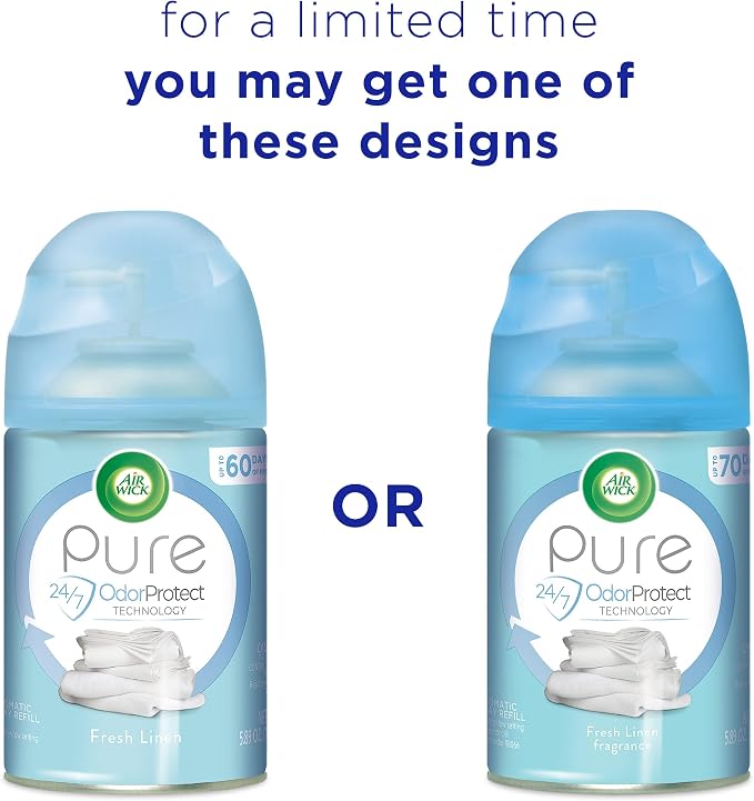 Air Wick Pure Freshmatic 6 Refills Automatic Spray, Fresh Linen, 6ct, New Look, Same familiar smell of Fresh Laundry, Essential Oil, Odor Neutralization, Packaging May Vary, 6.17 ounce, (Pack of 6)