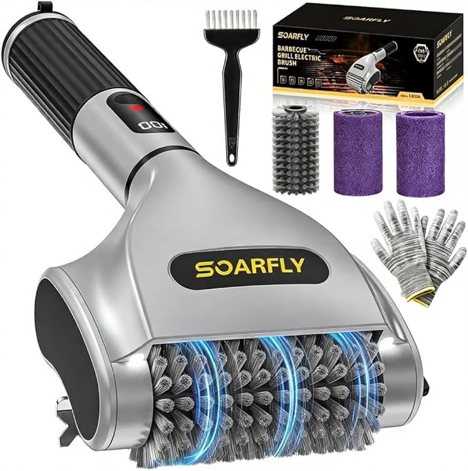 SOARFLY Electric BBQ Grill Brush, 800RPM Grill Cleaner for Outdoor Grill with 2-Speed & 20kg Torque–Last 3.5H, Dual LED Light for Night, No Bristle Drop Safe for Cast Iron Stainless, Gifts for Men Dad