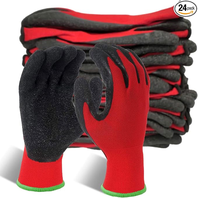 Evridwear Crinkle Latex Rubber Hand Coated Safety Work Gloves for Men Women General Multi Use Construction Warehouse Gardening Assembly Landscaping,Red X-Large 12 Pairs Pack