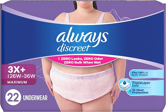 Always Discreet Reimagined Adult Diapers for Women, Maximum Absorbency Incontinence and Postpartum Underwear Size 3X+, Up to 100% Leak Free Bladder Leak Protection, 22 Count