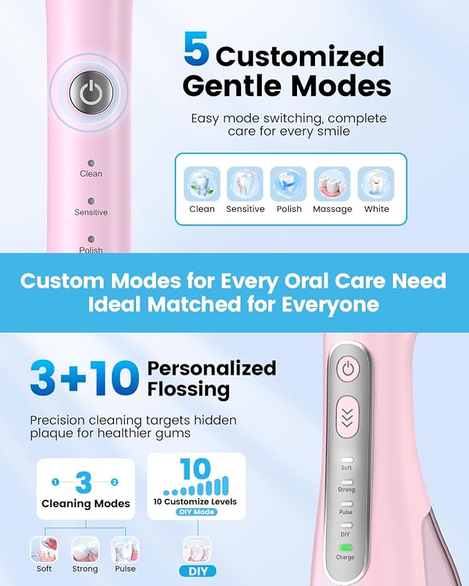 JTF Electric Toothbrush & Water Flosser Combo, 2-1 Portable Oral Clean Kit | Effective Yet Gentle Brushing & Flossing, Multiple Modes for Braces & Sensitive Teeth Care, Cordless for Home Travel, Pink