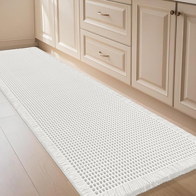 Extra Large Waffle Bath Mat White 6'x2'(72" x 24"), Boho Woven Modern Bath Mat Rugs, Absorbent Non Slip Bathroom Rugs, Soft Washable Bath Rugs with Tassels for Bathroom, Bedroom, Kitchen, Shower, Tub