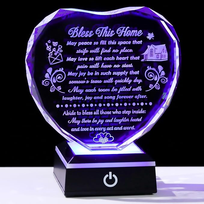 Crystal House Warming Gifts Bless This Home Heart-shaped Plaque with LED Light Base for Women Men Meaningful New Home Gifts Ideas for Family
