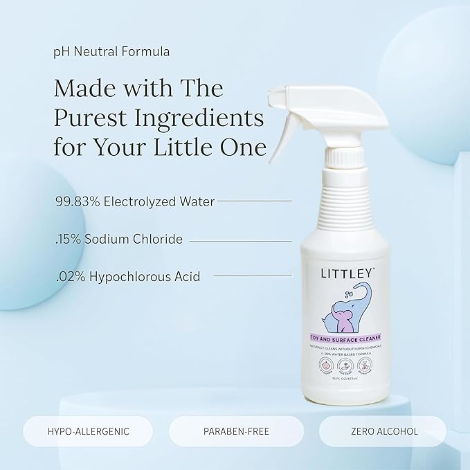 Littley Toy & Surface Cleaner | 3 Pack | Alcohol-Free HOCl Spray for Baby Toys & High-Touch Surfaces | Fragrance-Free Formula | Gentle Cleaning for Everyday Messes | 16 oz