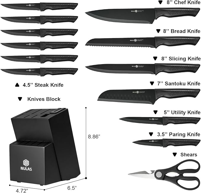 Knife Set, 15-Piece Kitchen Knife Set with Block and Built-in Sharpener, Dishwasher Safe, Non-slip Handle, 6 Steak Knives, Black