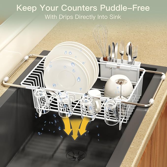 White Dish Drying Rack Over The Sink with Utensil Holder | Expandable Stainless Steel Dish Drainer for Small Kitchen, Apartment, RV, Counter Space Saving, Perfect Fit, Rustproof