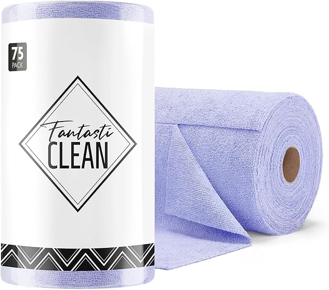 Fantasticlean Microfiber Cleaning Cloth Roll -75 Pack, Tear Away Microfiber Towels, 12" x 12", Reusable, Washable, Scratch Free, Ultra Absorbent Dishcloth for All-Around Cleaning Supplies (Lavender)