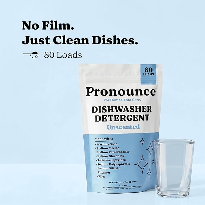 Pronounce Dishwasher Detergent Powder - Cleaner Ingredients, Fragrance Free - Ultra Concentrated, Cuts Grease and Grime, Dishwasher Pods Alternative. (80 Loads, Unscented)