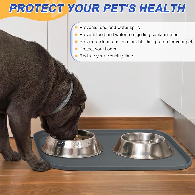 SMILOOL Waterproof Silicone Pet Food Mat with Raised Edge for Dog & Cat | 19" x 12" Non-Slip Pet Feeding Mats with Lip for Food & Water Bowl, Food Grade, Easy Cleaning, Dark Gray