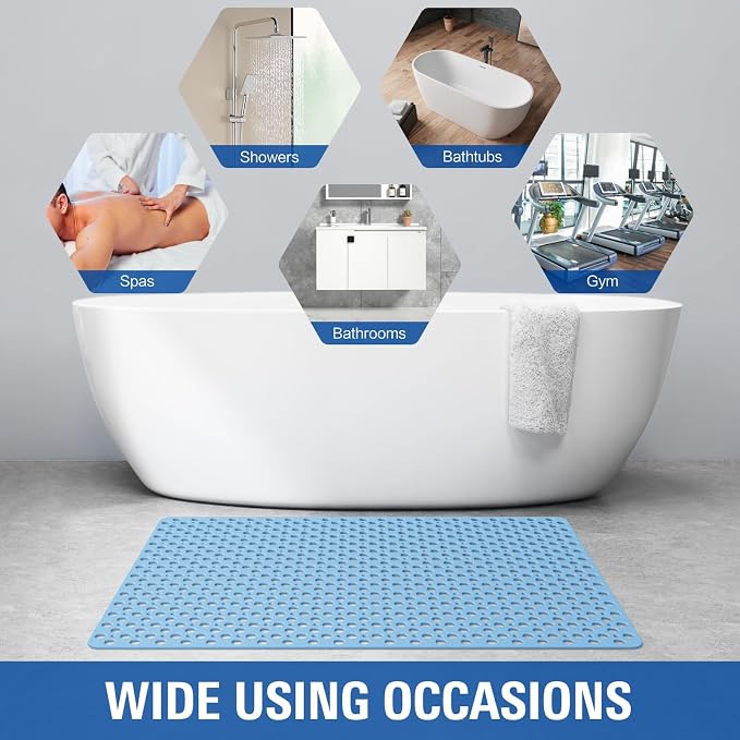 OTHWAY Large Shower Mat, 47"x 32" TPE Anti Slip Shower Mat, Heavy Bath Mats for Shower with Drain Holes Suction Cups, Shower Stall Mat for Bathroom, No Odor Shower Grip Mat for Elderly Kids(L-Blue)