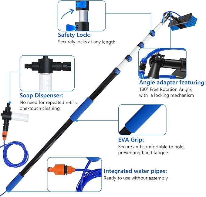 20FT Complete Solar Panel Cleaning Kit with Extension Pole 5-20FT, Water Fed Pole Kit with Cleaner Solution Dispenser for Window Glass, Boats,RV, Decks, Bathrooms & House Siding