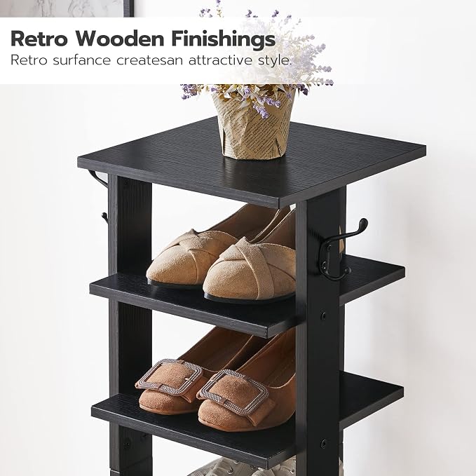 HOOBRO 8 Tiers Vertical Shoe Rack, Wooden Shoe Storage Organizer with Hooks, Narrow Shoe Tower for 8 Pairs, Space Saving, for Entryway, Living Room, Bedroom, Black BK07XJ01