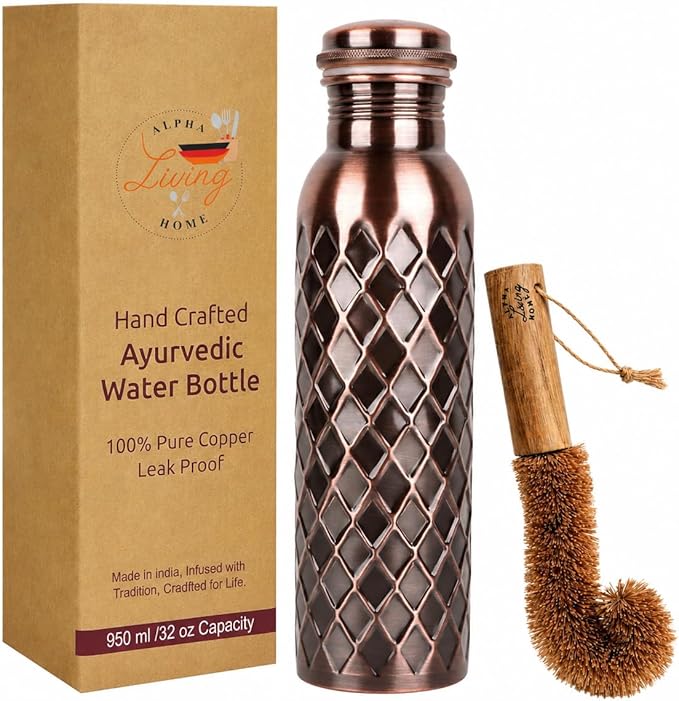 Copper Water Bottle 32 Oz Extra Large, Real Pure Copper Bottle for Drinking Water, Antique Diamond Ayurvedic Drinking Bottle, Leak Proof Cap, Cleaning Brush, Daily Hydration for Home Travel