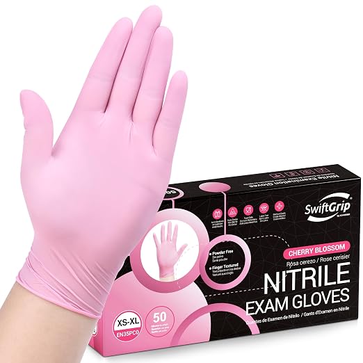 SwiftGrip Pink Disposable Exam Gloves, X-Small, 50-ct Box, Powder-Free, Latex-Free, Medical Grade Gloves for Cleaning & Esthetician