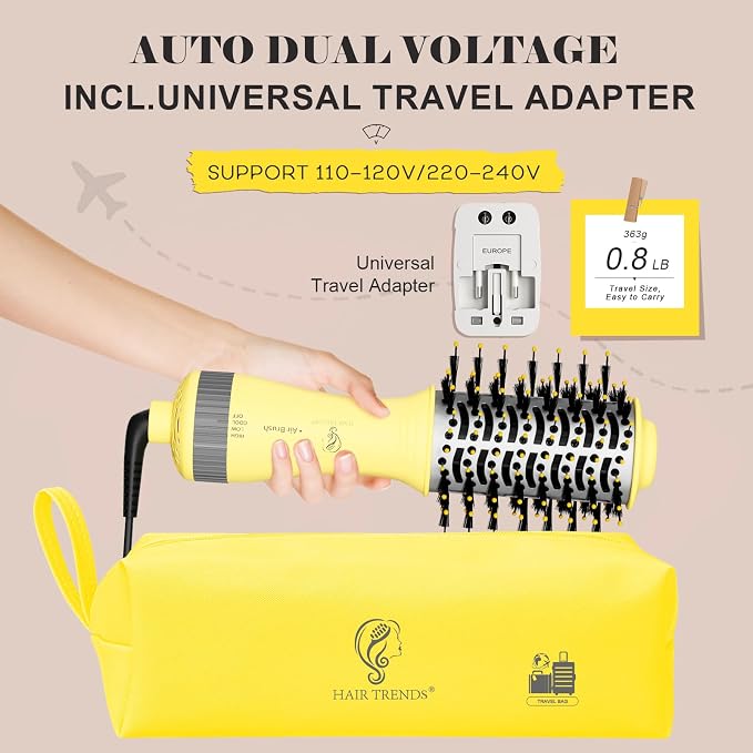 Portable Mini Travel Blow Dryer Brush for Women, Light Weight Dual Voltage 110V-120V/220V-240V Hot Air Brush with International Power Adaptor