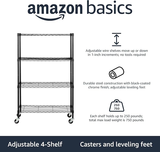 Amazon Basics 4-Shelf Heavy Duty Garage Shelving Storage Unit on 3" Wheel Casters, Adjustable Metal Wire Rack with Leveling Feet, 36" x 14" x 57.75", Black