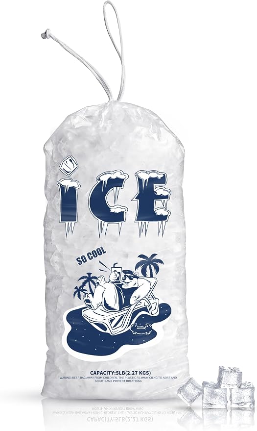 100 Pack Ice Bags 5 lb, Heavy-Duty Ice Bags with Drawstring, Portable Ice Cube Storage and Freezer Keeper (2 Mils Thickness)