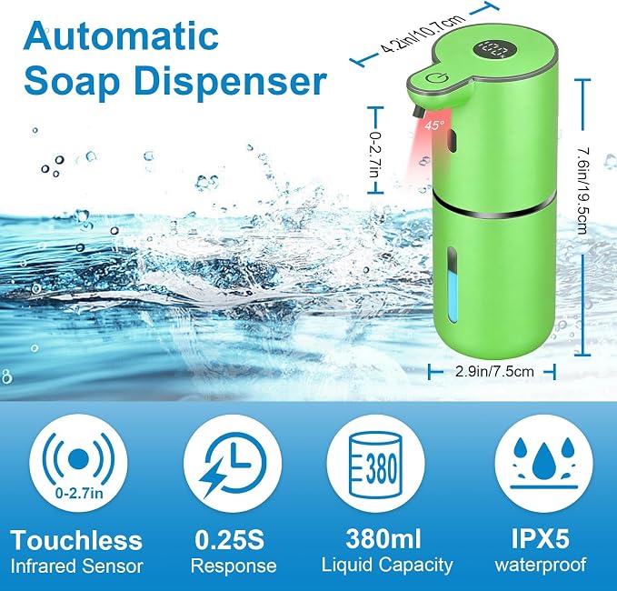 OHIFAST Automatic Foaming Soap Dispenser Touchless, USB Rechargeable Smart Hand Soap Dispenser, 6-Level Adjustable, 12.8oz/380mL Wall Mounted for Bathroom Kitchen Dish Soap-Green