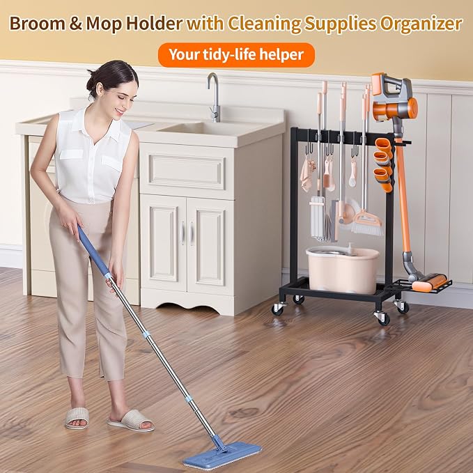 Broom Holder with Cleaning Supplies Organizer, 18" Wx11.8 Dx34.6 H | Load 160 LBS, Cleaning Cart with Wheels, 6 Mop Hanger Grippers, 3 Double-Hooks, Vacuum Stand for Laundry Garage Organization