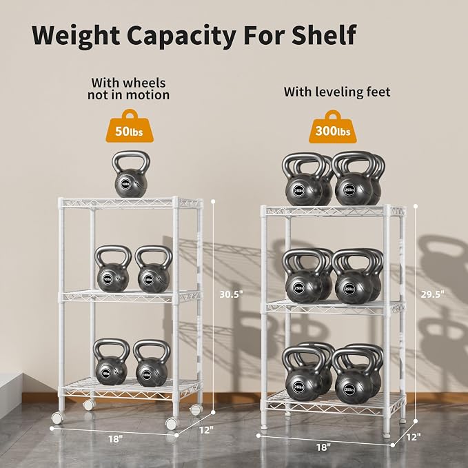 Golpart Small 3 Tier Shelves Storage Wire Shelving Unit Metal Shelf Adjustable Organizers Storage Shelving with Wheels for Bathroom Laundry Room Kitchen Pantry11.7”D x 17.7”W x 30.7”H White