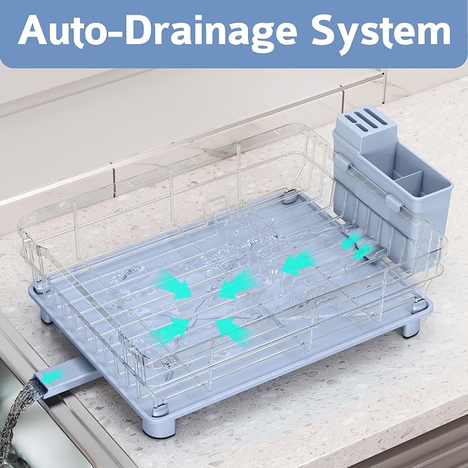 Dish Drying Rack for Kitchen Counter,12.8" W x 16.9" L,Blue | Space Saving Dish Rack, Self-Draining Drainboard, Rustproof Dish Drainer, Removable Utensil Holder