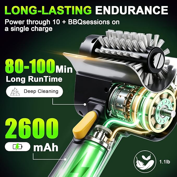 BBQ Electric Grill Brush for Outdoor Grill with 2 Stainless Steel Heads, 1100 RPM Electric Grill Cleaner Brush with Dual Safety Lock, Splash-Proof Grill Cleaning Brushes Scrubber, Rechargeable