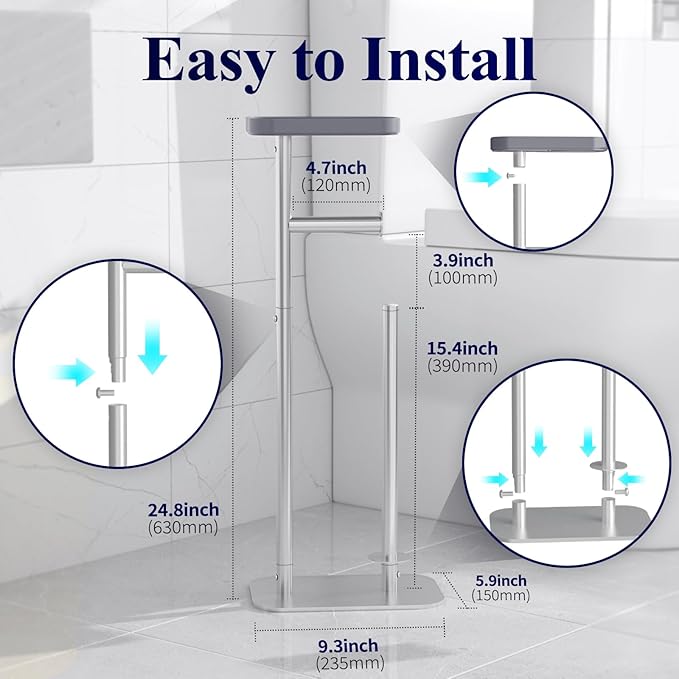 Kitsure Toilet Paper Holder Free Standing – Rustproof Metal Toilet Paper Stand for 4 Rolls with Anti-Slip Base and Shelf for Phone & Small Items, Bathroom Organizers and Storage, Medium, Silver