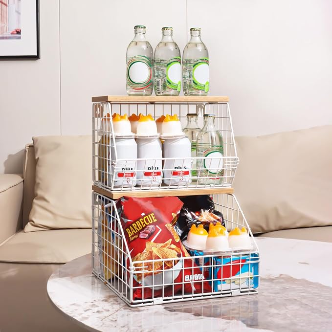 Mefirt White Fruit Bowl, 2-Tier Fruit Basket for Kitchen Counter, Stackable Wall Mounted Veggie Storage, Snack Organizer, Potato and Onion Storage Basket, Hanging Pantry Organizer with Wood Lid, 2 Set